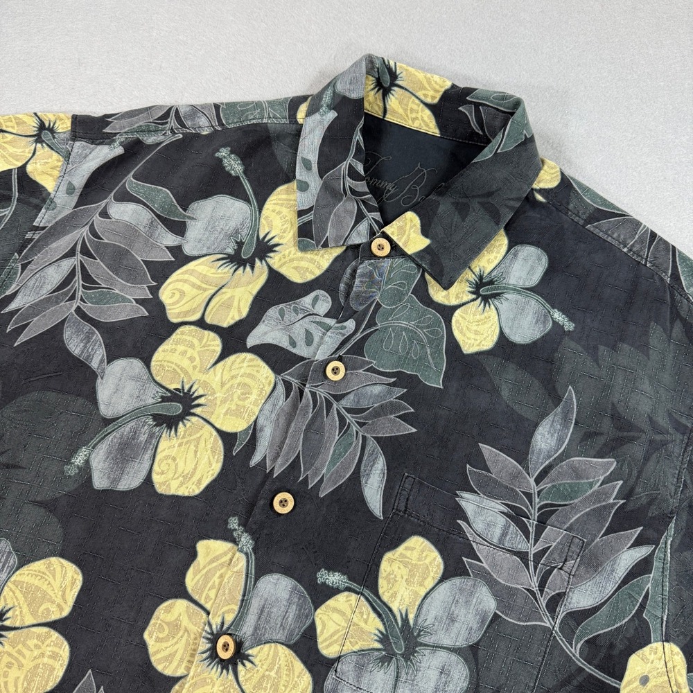 Tommy Bahama Shirt Men L Black Yellow Hibiscus Silk Button‎ Up Floral Tropical